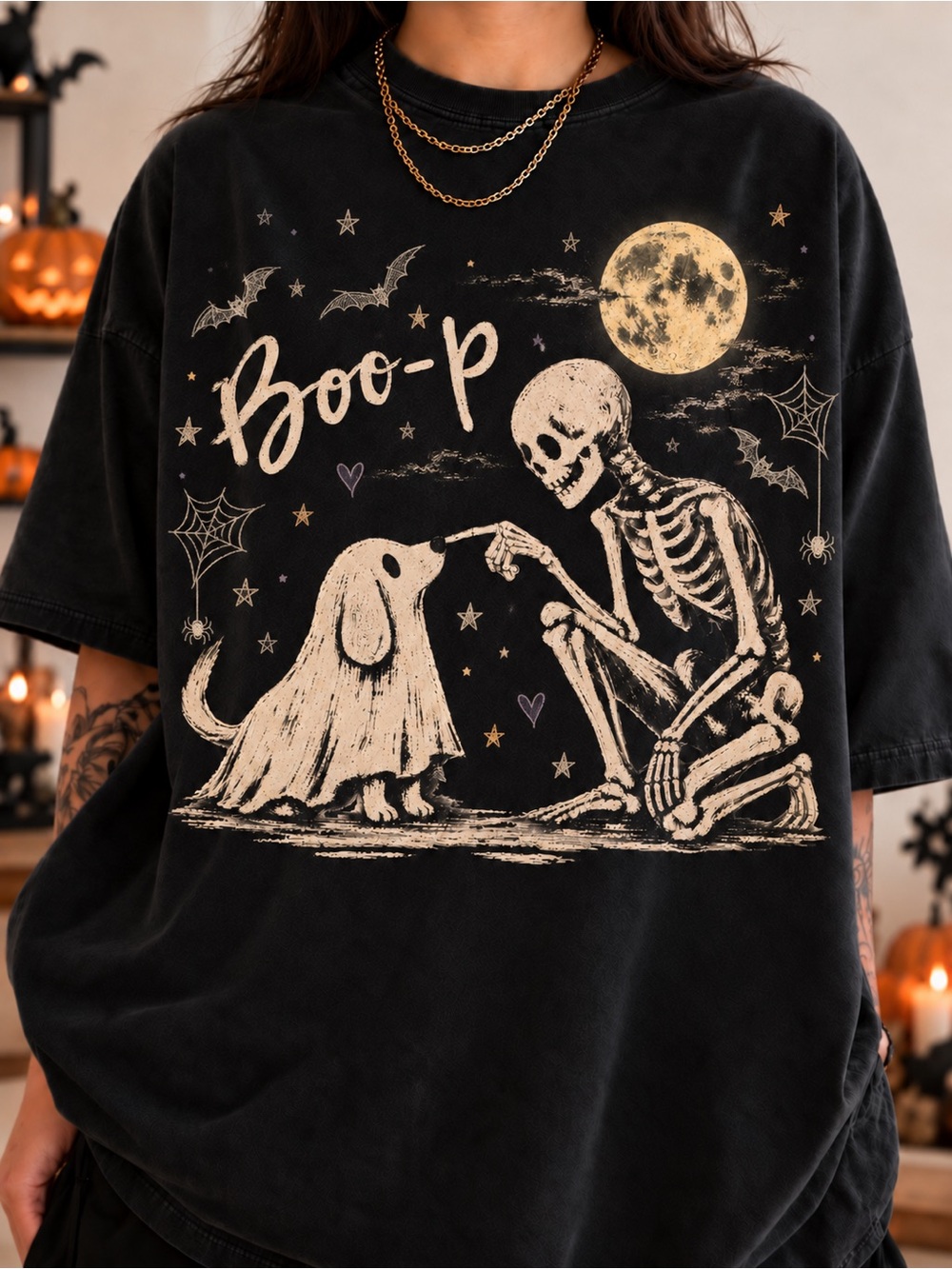 Funny Skeleton Boop Dog Ghost Halloween Dog Mom Dog Lover T-Shirt